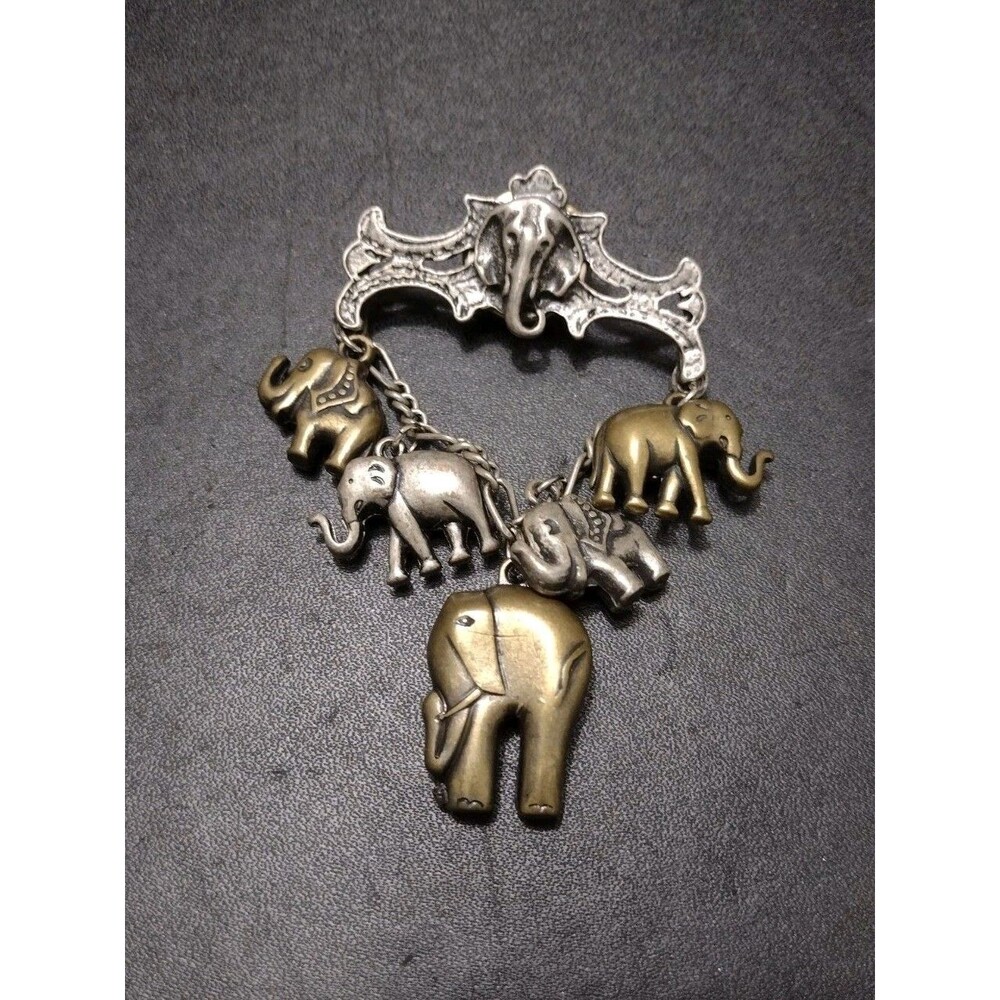 Multi Tone Elephant Dangling Charm Brooch Pin Handmade Artisan Vintage
